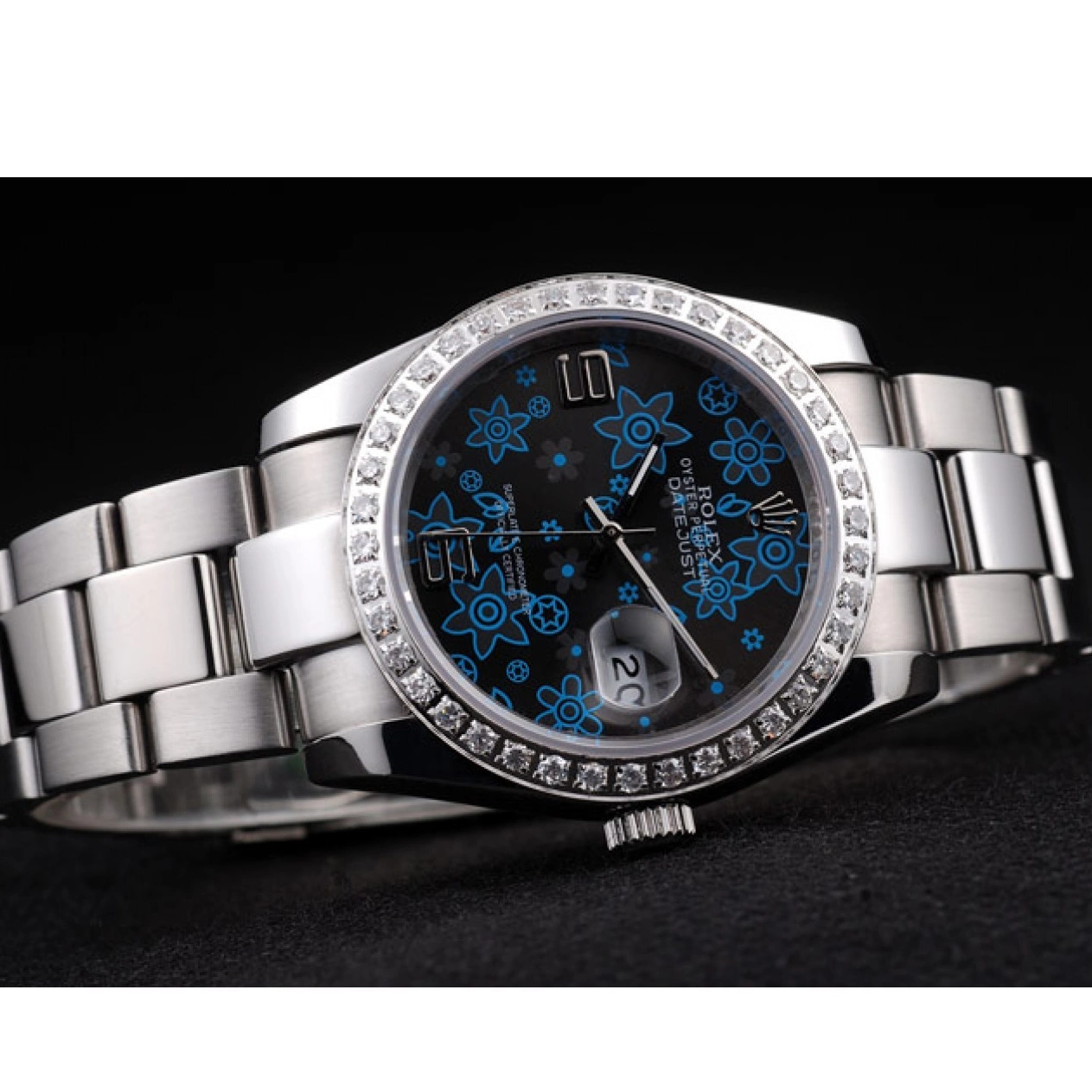 Rolex copies cheap Polished Dark Dial Flowers Blue Plated Stainless Steel Rolex Datejust Diamond 0721